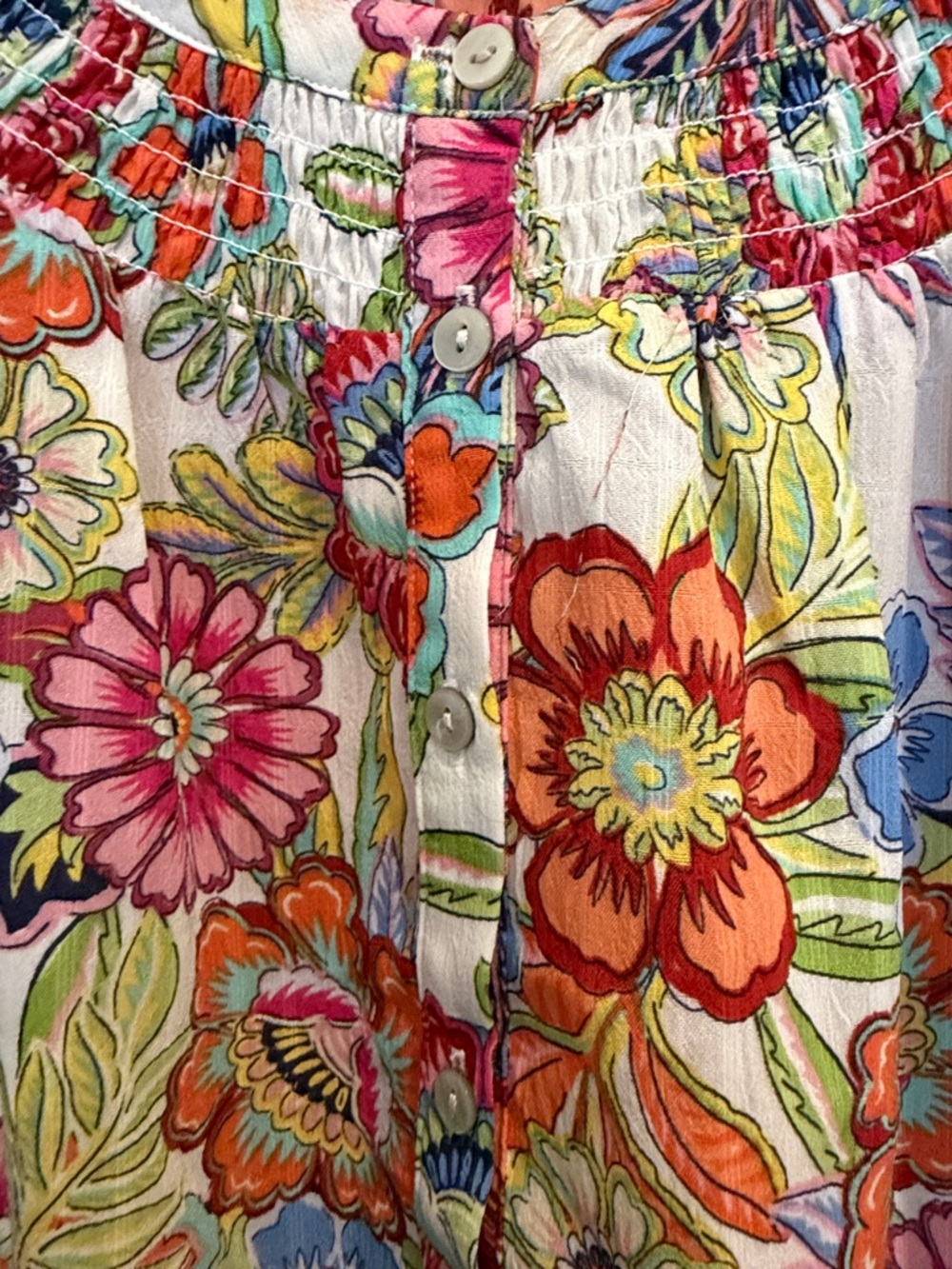 Rose & Olive Cream Floral Smocked Peasant Blouse with Bright Blossoms - Picture 3 of 5